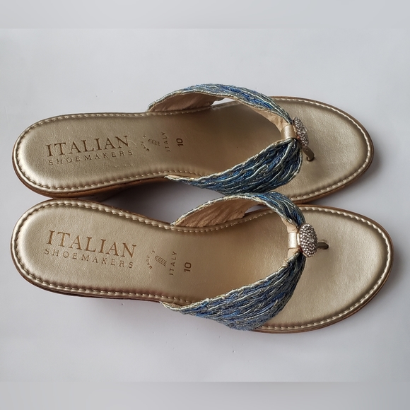 Italian Shoemaker Rhinestones Blue Gold Tone Wedge Sandals Size 10 - Picture 4 of 10